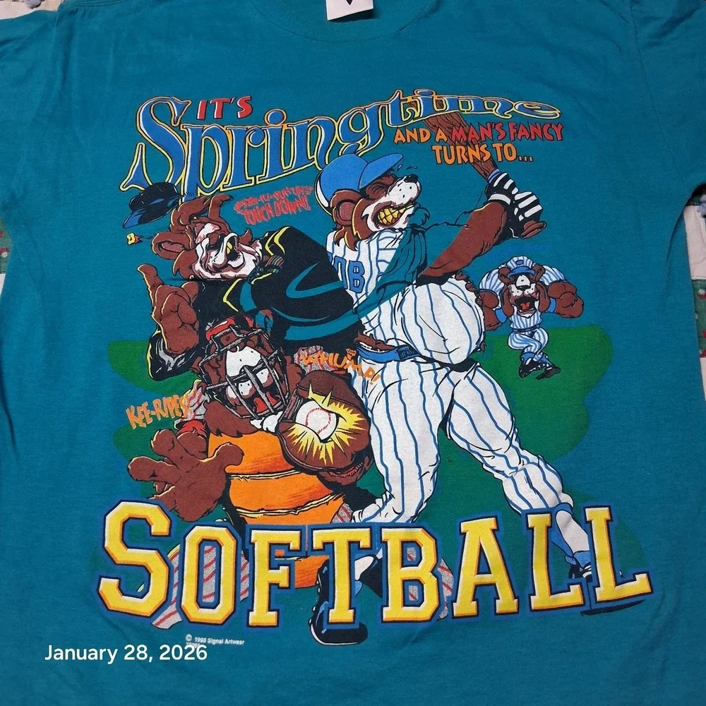 Vintage Softball Cartoon Graphic T Shirt Blue‎ Size Large 1993 Single Stitch
